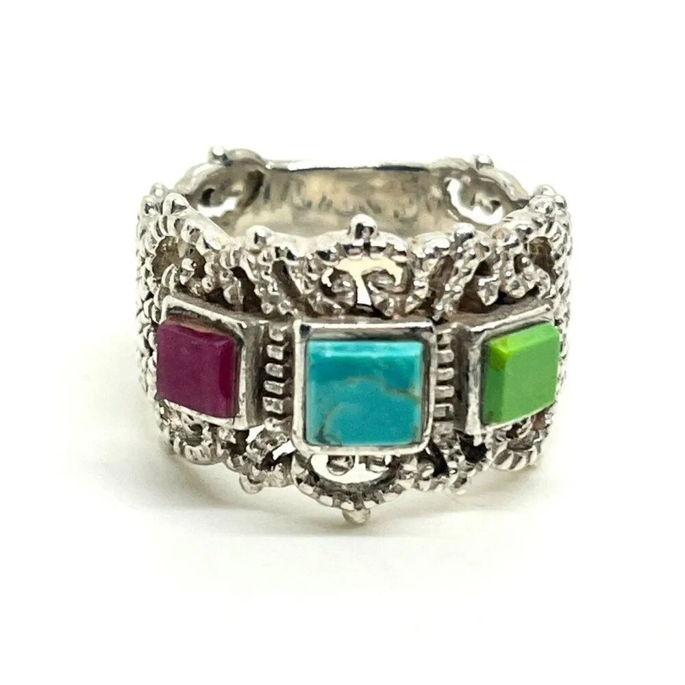 STERLING SILVER RING Multi Stone Inlay Wide Band Statement Boho Sz 8